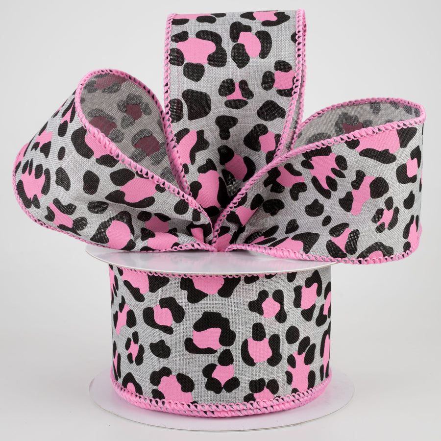 2.5" Pink Leopard Print on Royal Ribbon: Gray (10 Yards)