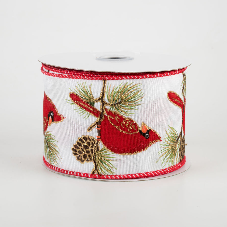 2.5" Cardinal on Pine Branch Ribbon: White (10 Yards)