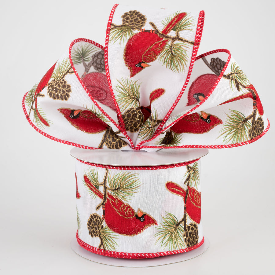 2.5" Cardinal on Pine Branch Ribbon: White (10 Yards)