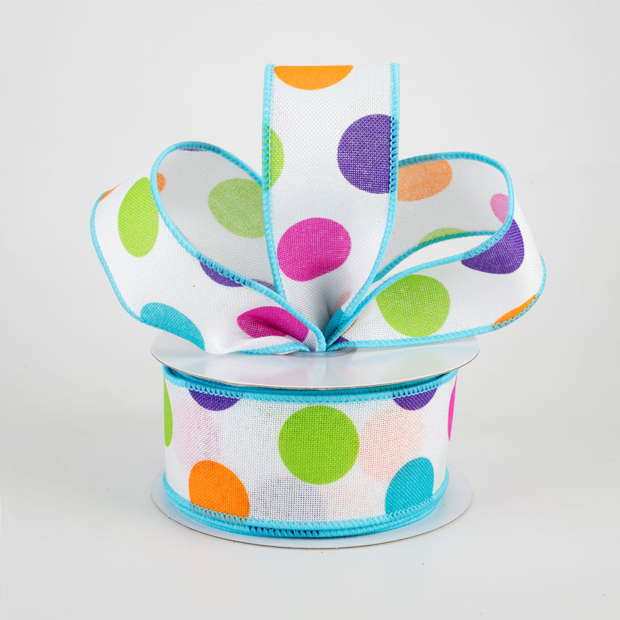 1.5" Multi Color Polka Dots Ribbon: White With Turquoise (10 Yards)