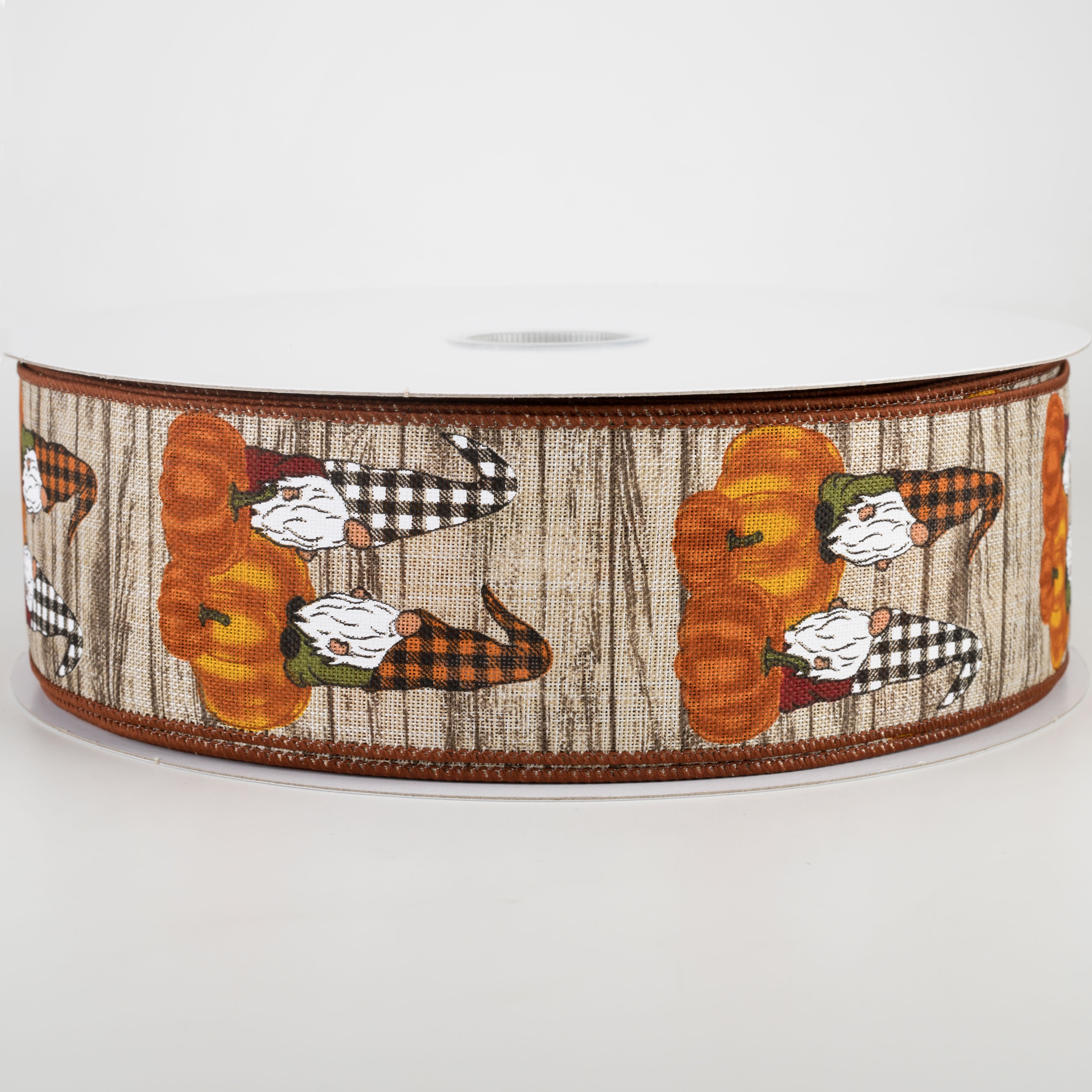 2.5" Gnomes & Orange Pumpkins Ribbon: Ivory Wood (50 Yards)