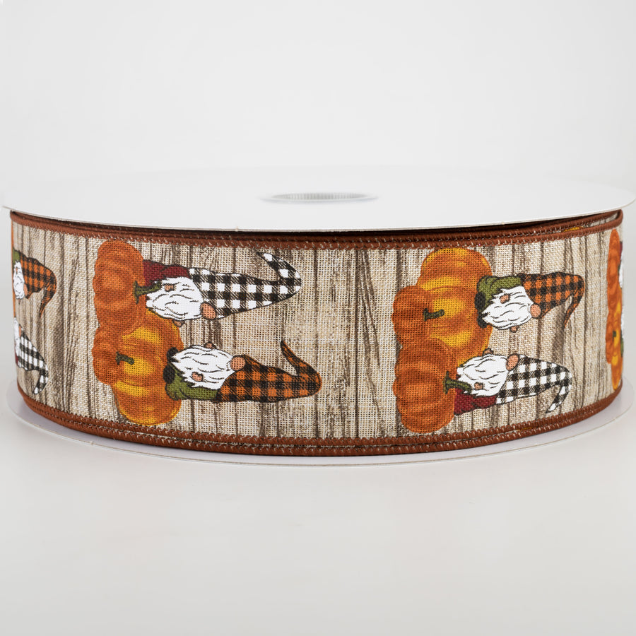 2.5" Gnomes & Orange Pumpkins Ribbon: Ivory Wood (50 Yards)