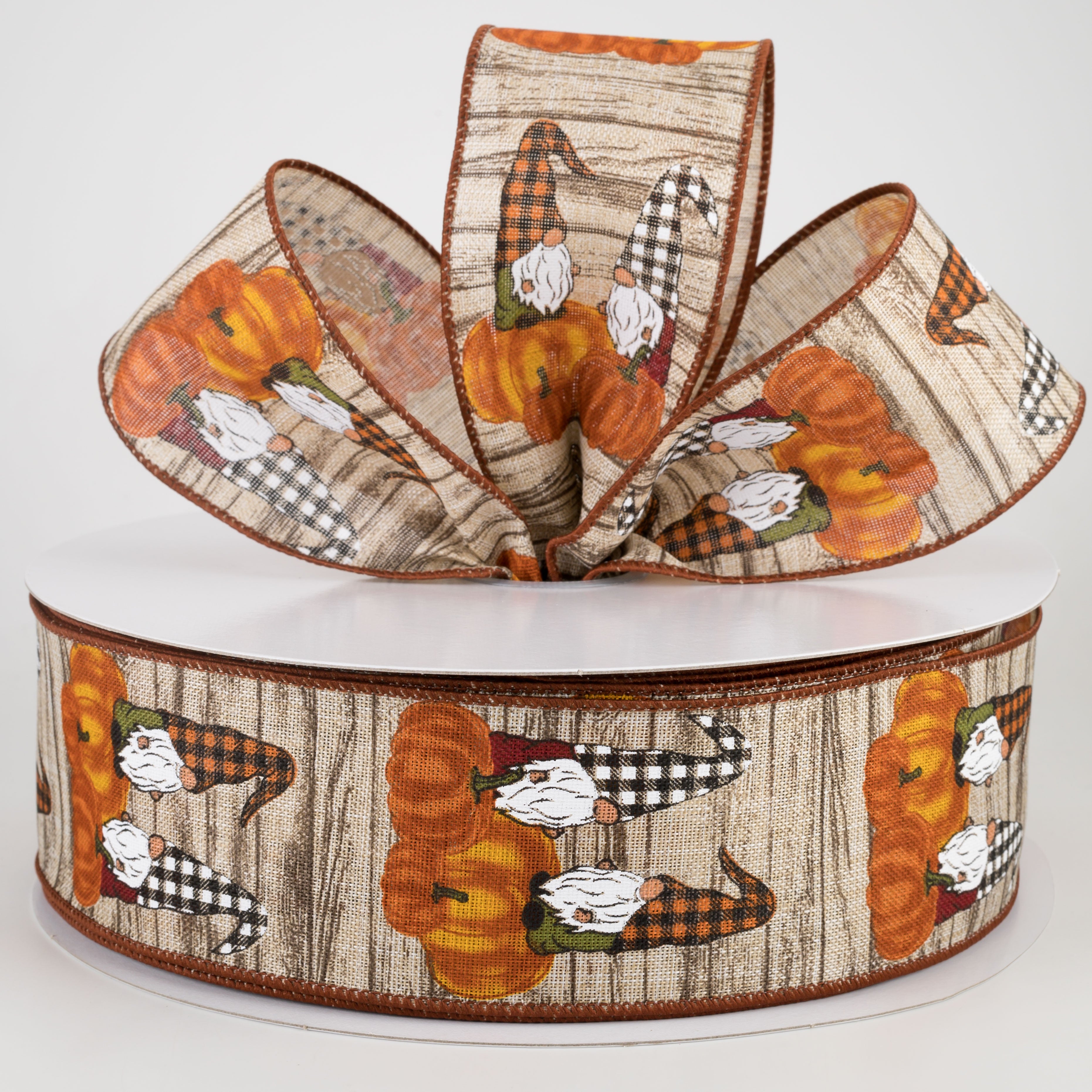 2.5" Gnomes & Orange Pumpkins Ribbon: Ivory Wood (50 Yards)