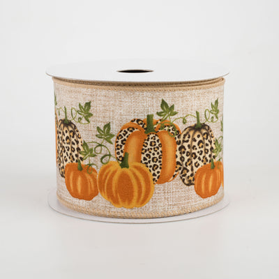 2.5" Natural Linen Cheetah Pumpkin Ribbon: Orange (10 Yards)