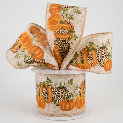 2.5" Natural Linen Cheetah Pumpkin Ribbon: Orange (10 Yards)