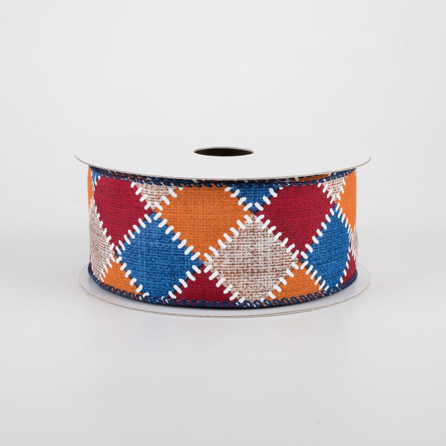 1.5" Natural Stitch Check Ribbon: Blue, Burgundy, Orange (10 Yards)