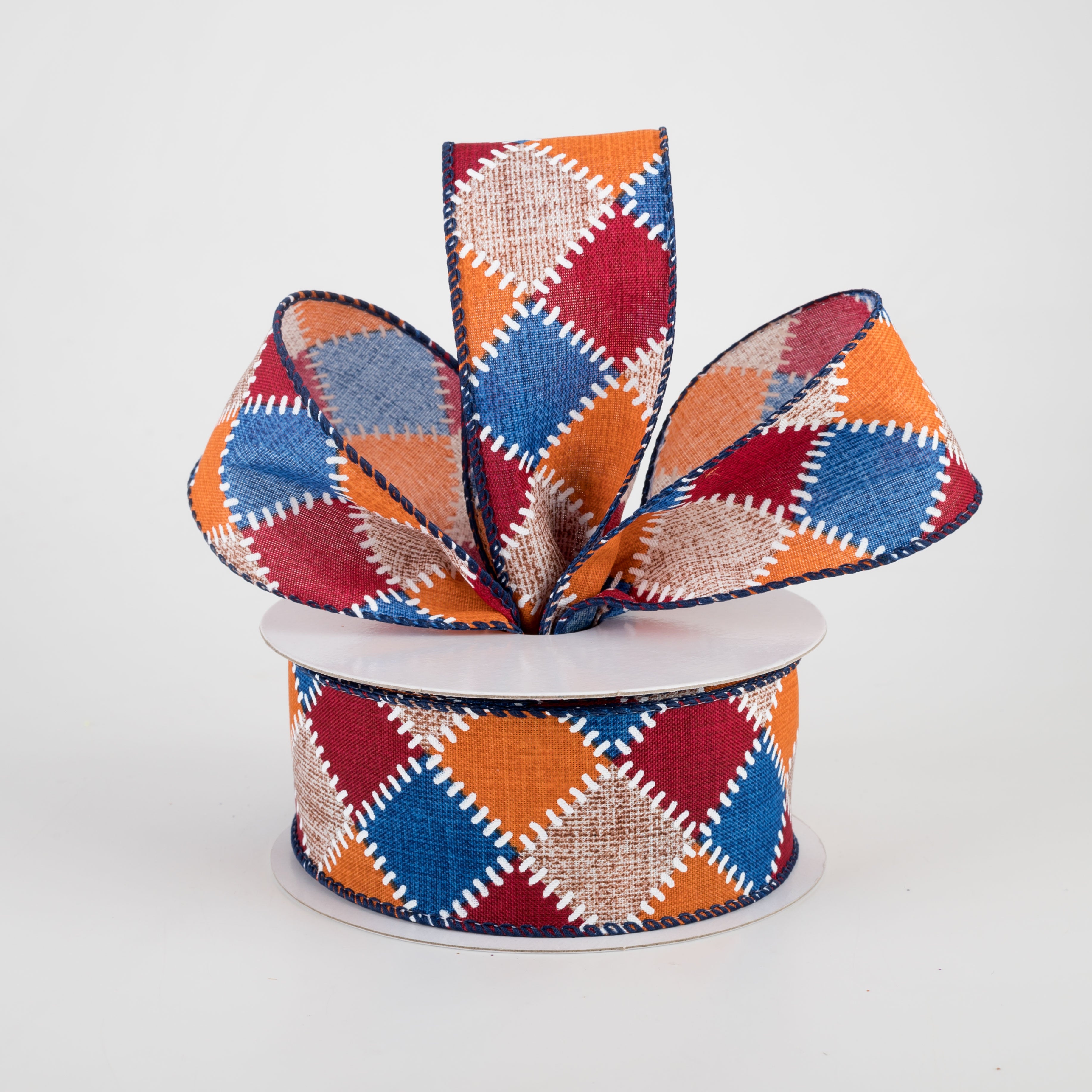 1.5" Natural Stitch Check Ribbon: Blue, Burgundy, Orange (10 Yards)