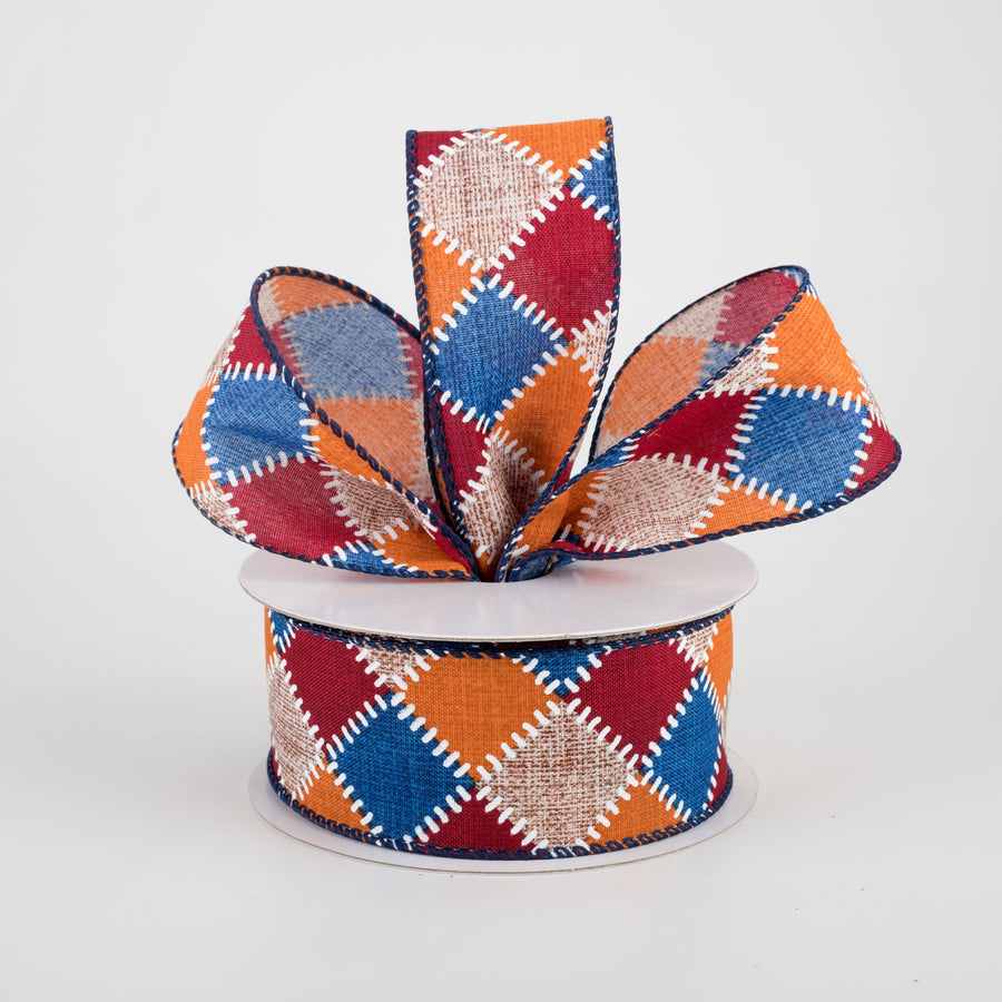 1.5" Natural Stitch Check Ribbon: Blue, Burgundy, Orange (10 Yards)