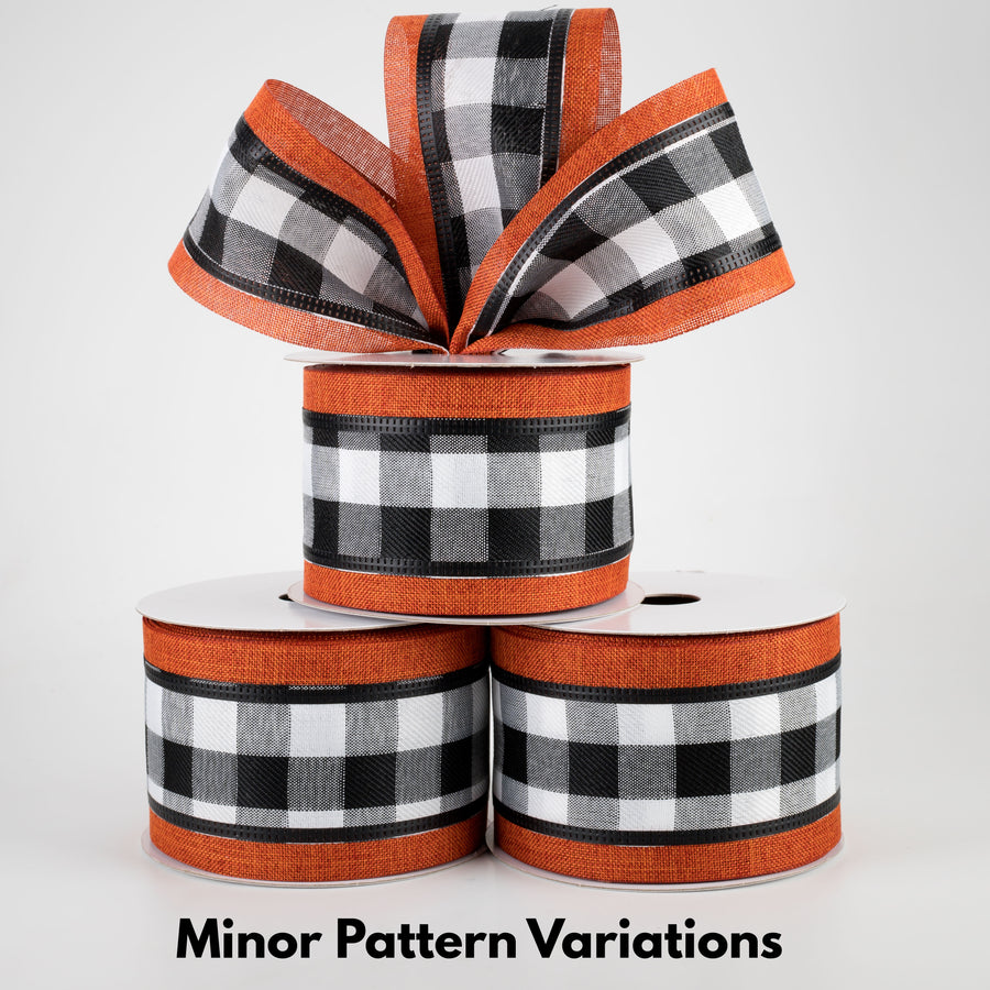 2.5" Black & White Buffalo Plaid Ribbon: Rust Orange Edge (10 Yards)