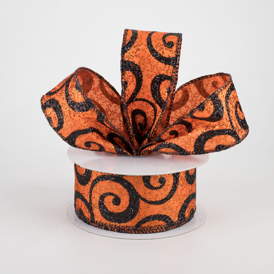 1.5" Ultra Glitter Swirls Ribbon: Orange & Black (10 Yards)