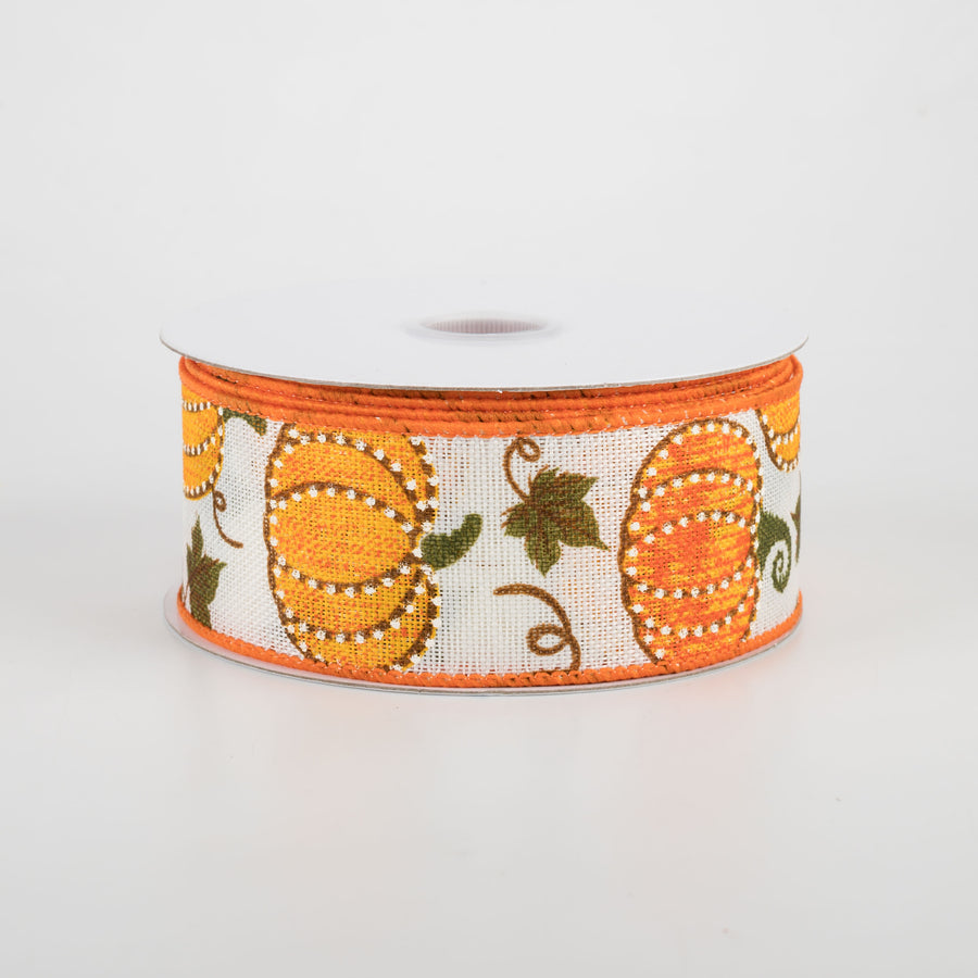 1.5" Dotted Pumpkin Faux Burlap Ribbon: Ivory (10 Yards)