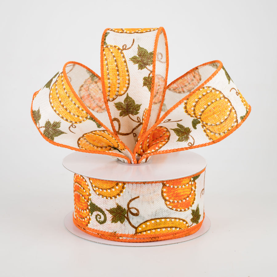 1.5" Dotted Pumpkin Faux Burlap Ribbon: Ivory (10 Yards)