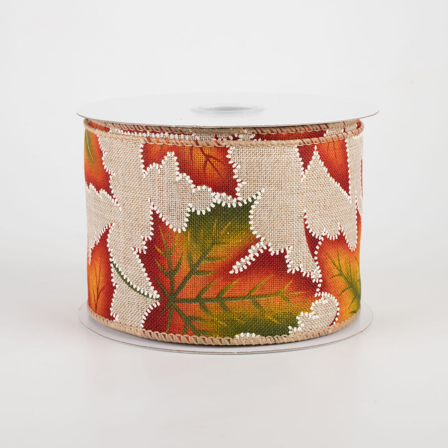 2.5" Natural Linen Dotted Fall Leaves Ribbon (10 Yards)