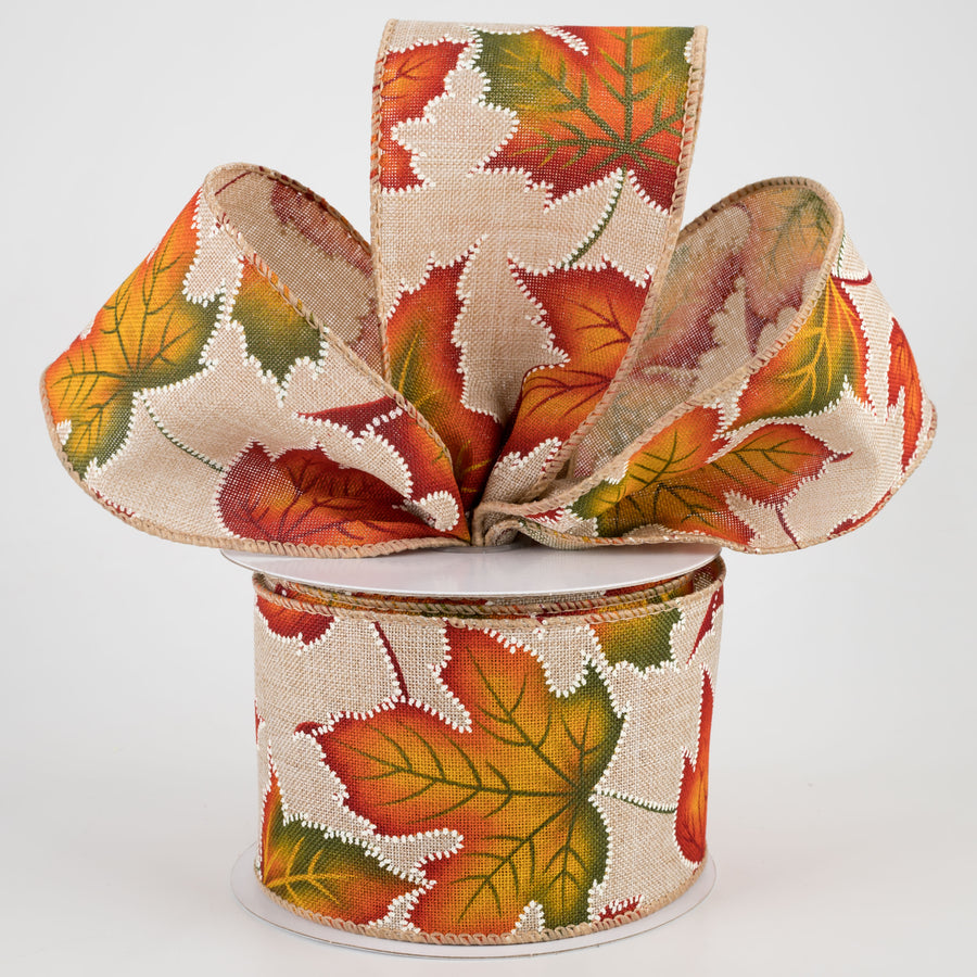 2.5" Natural Linen Dotted Fall Leaves Ribbon (10 Yards)