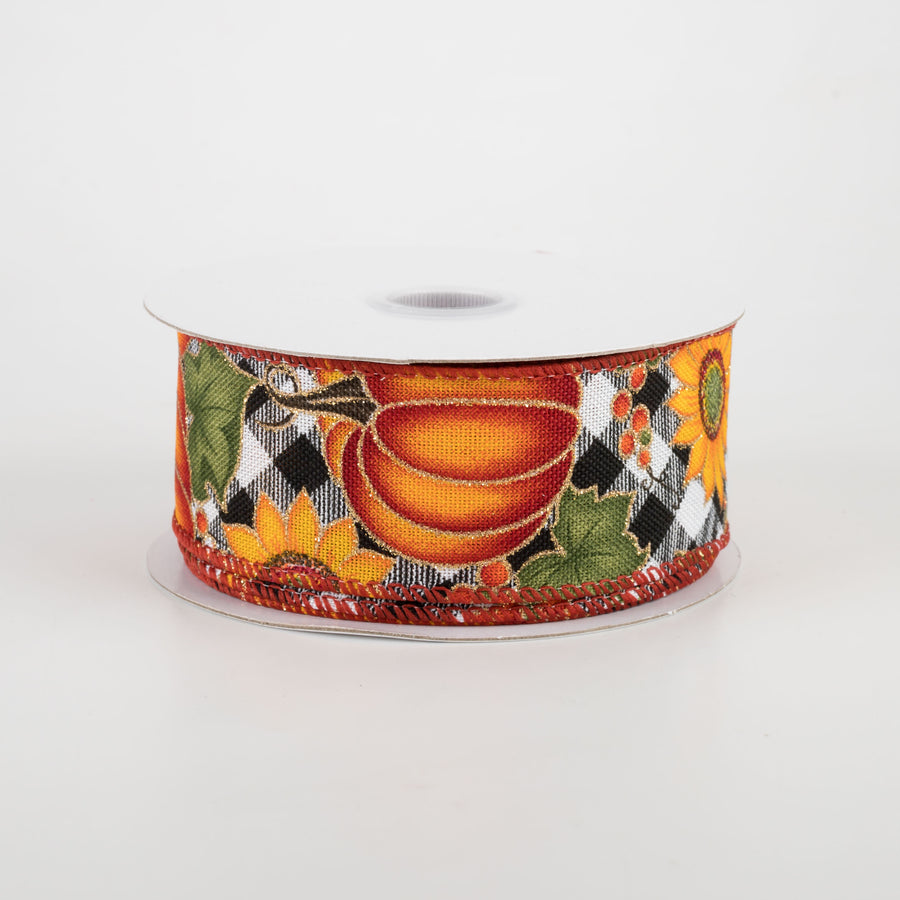 1.5" Black & White Buffalo Plaid Pumpkin, Sunflower Ribbon (10 Yards)