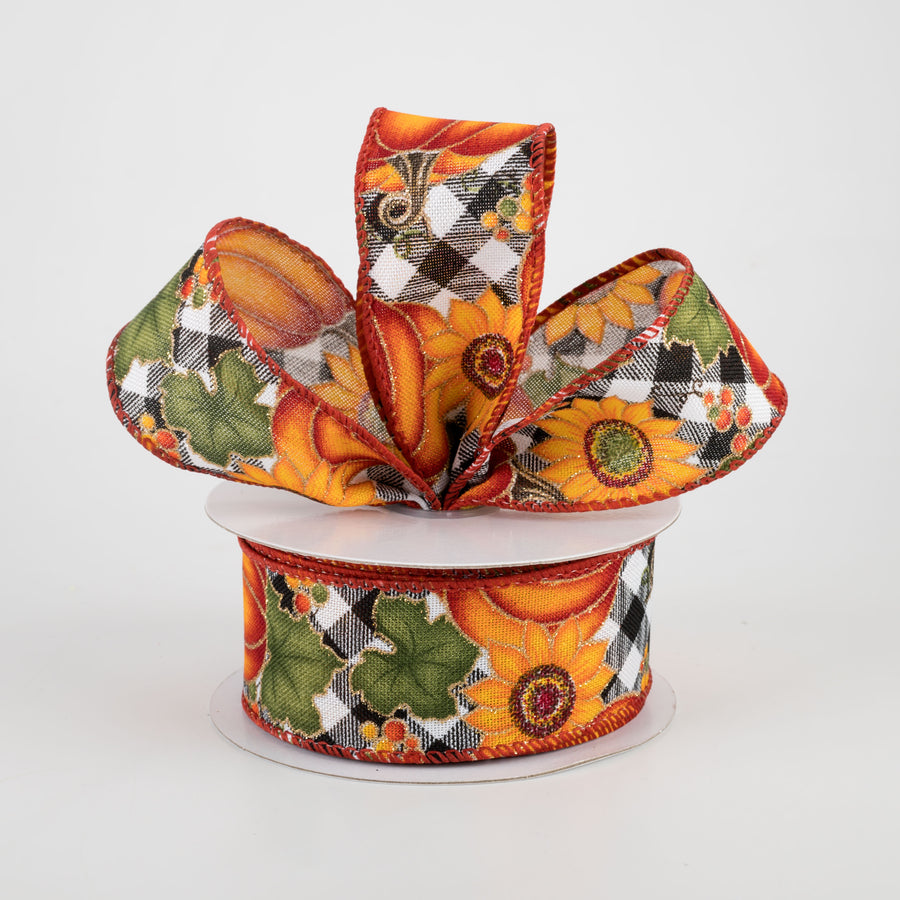 1.5" Black & White Buffalo Plaid Pumpkin, Sunflower Ribbon (10 Yards)