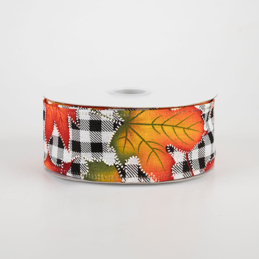 1.5" Black & White Plaid Early Fall Leaves Ribbon (10 Yards)