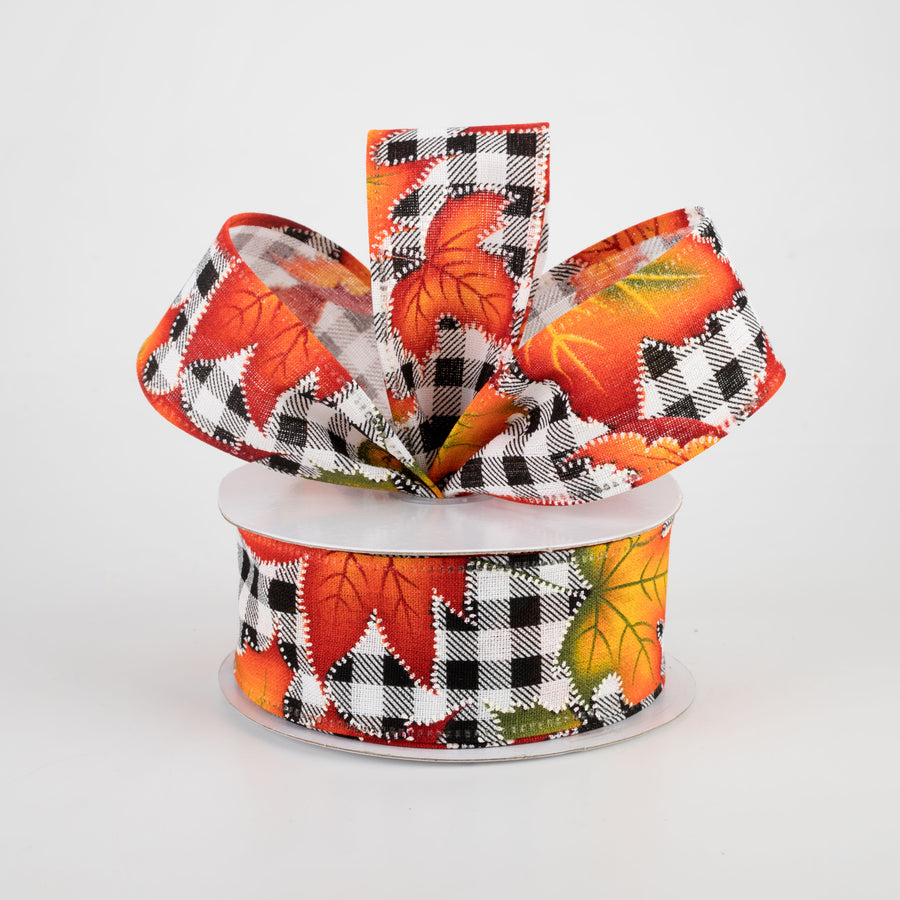 1.5" Black & White Plaid Early Fall Leaves Ribbon (10 Yards)