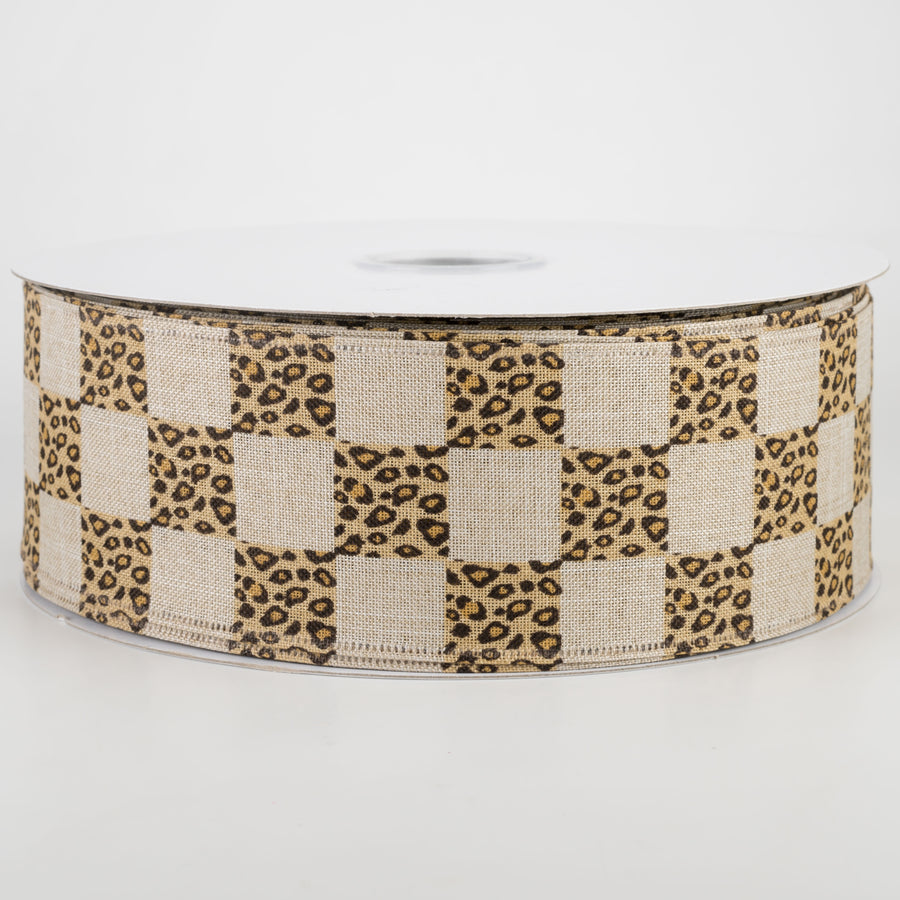 2.5" Natural Linen Cheetah Check Ribbon (50 Yards)