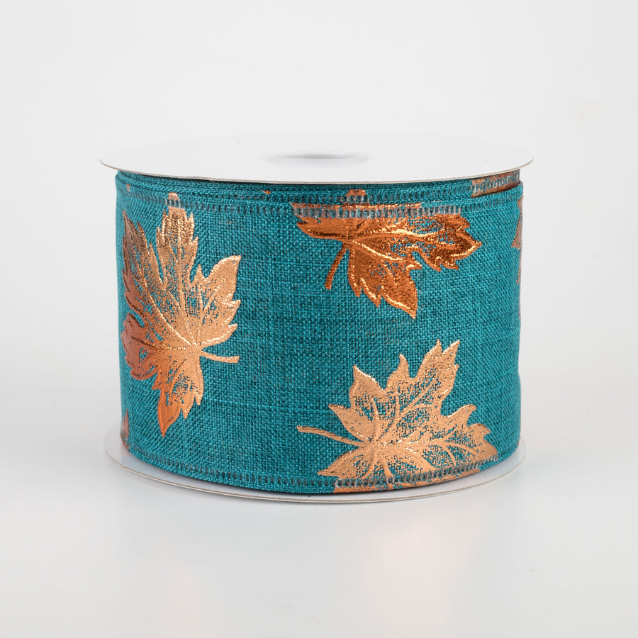 2.5" Teal Linen Ribbon With Rust Embossed Fall Leaves (10 Yards)