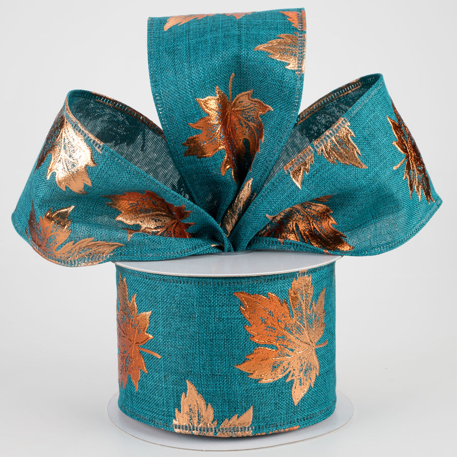 2.5" Teal Linen Ribbon With Rust Embossed Fall Leaves (10 Yards)
