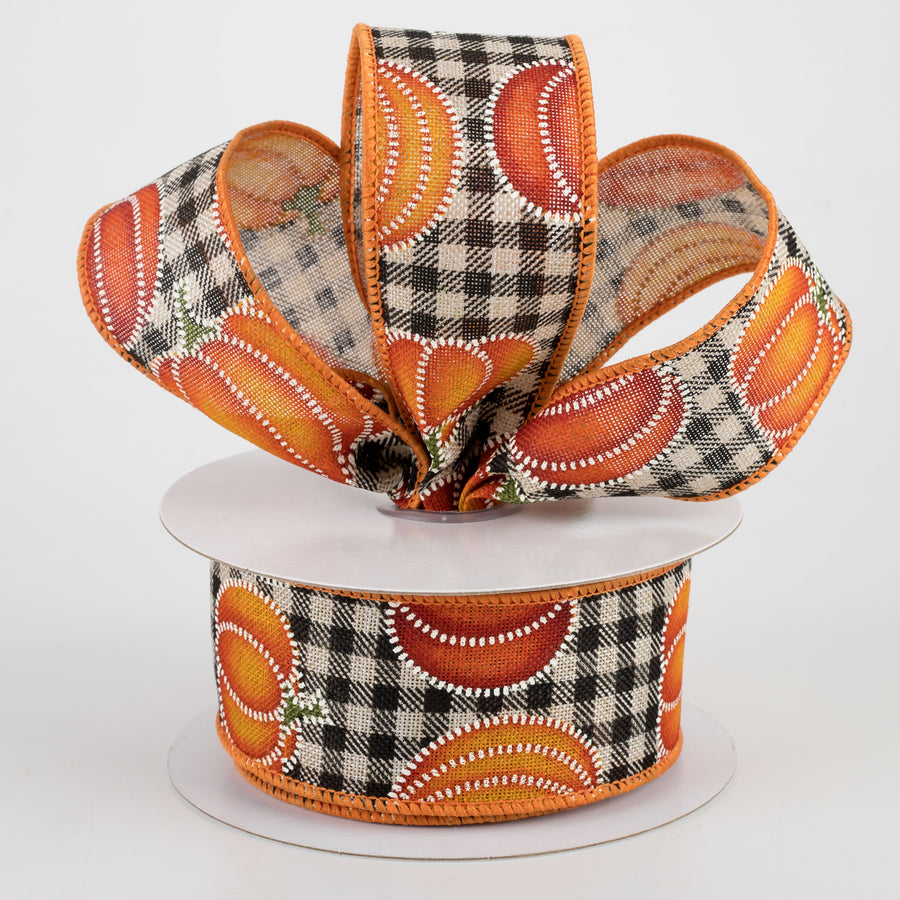 1.5" Dotted Pumpkin Check Ribbon: Black & Natural (10 Yards)