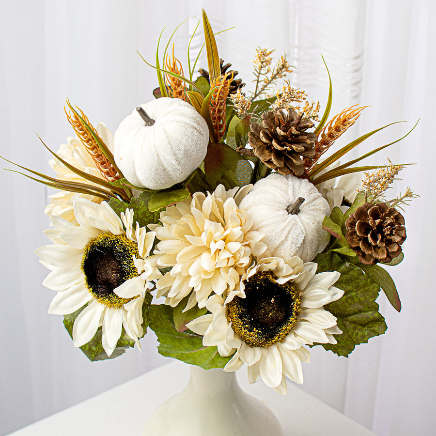 18" Sunflower Ball Mum Pumpkin Pine Bush: Cream