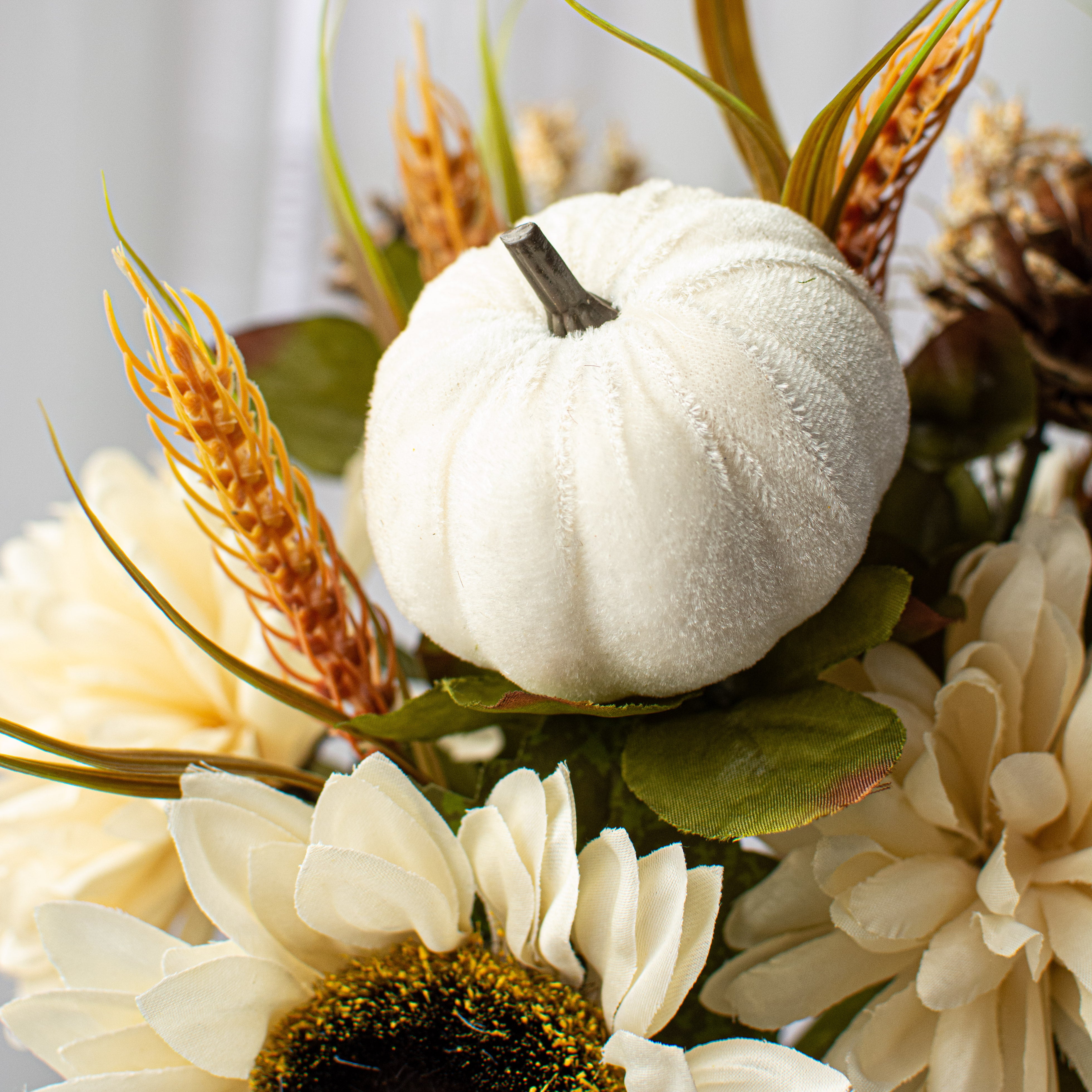 18" Sunflower Ball Mum Pumpkin Pine Bush: Cream