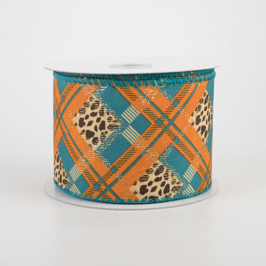 2.5" Cheetah Argyle Plaid Satin Ribbon: Teal & Orange (10 Yards)