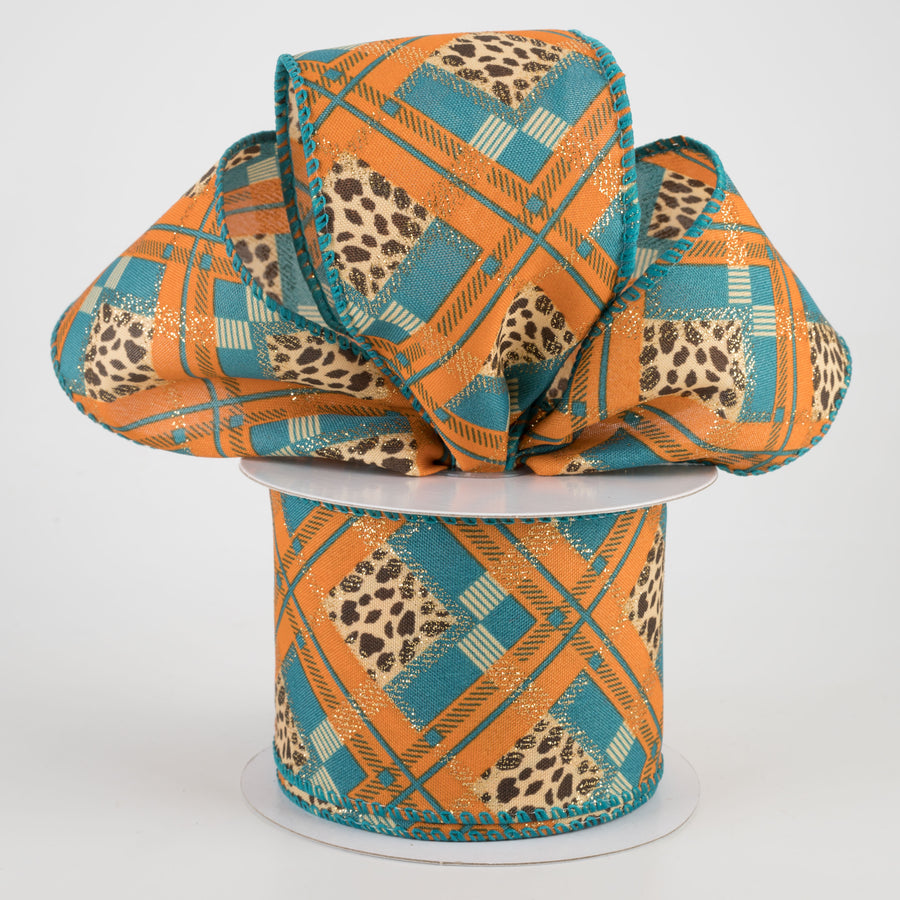 2.5" Cheetah Argyle Plaid Satin Ribbon: Teal & Orange (10 Yards)