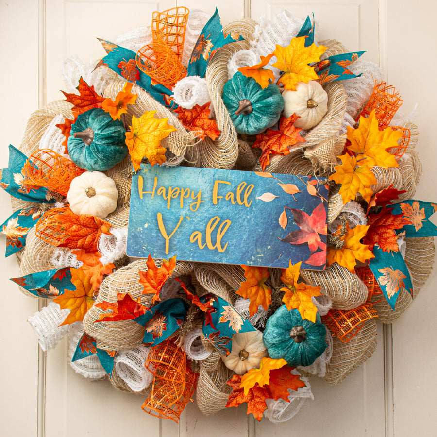 12" Waterproof Sign: Happy Fall Y'all Leaves on Blue