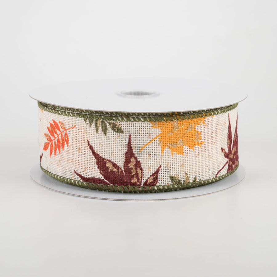 1.5" Fall Fern & Leaves Ribbon: Moss, Burgundy, Yellow (10 Yards)