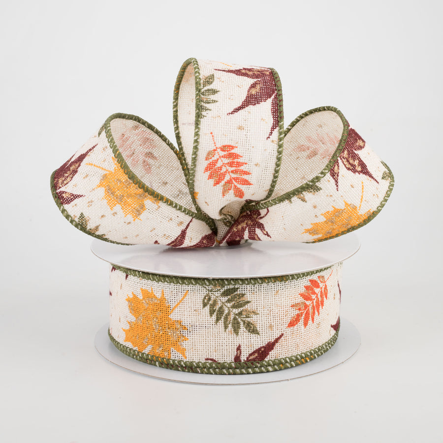 1.5" Fall Fern & Leaves Ribbon: Moss, Burgundy, Yellow (10 Yards)