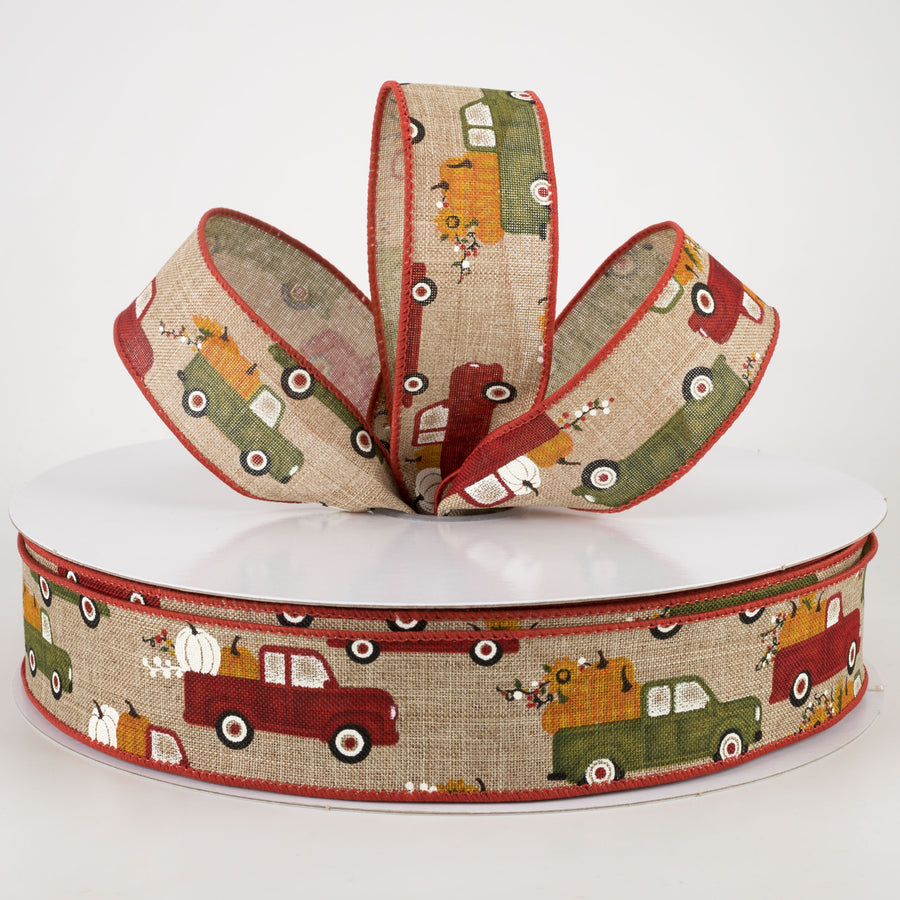 1.5" Natural Linen Fall Pumpkin Truck Ribbon (50 Yards)