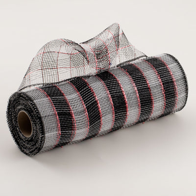10" Poly Deco Mesh: Black & White With Red Foil Plaid