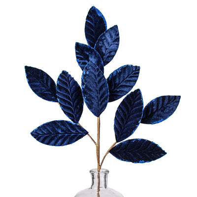 25" Velvet Magnolia Leaf Spray: Navy Blue