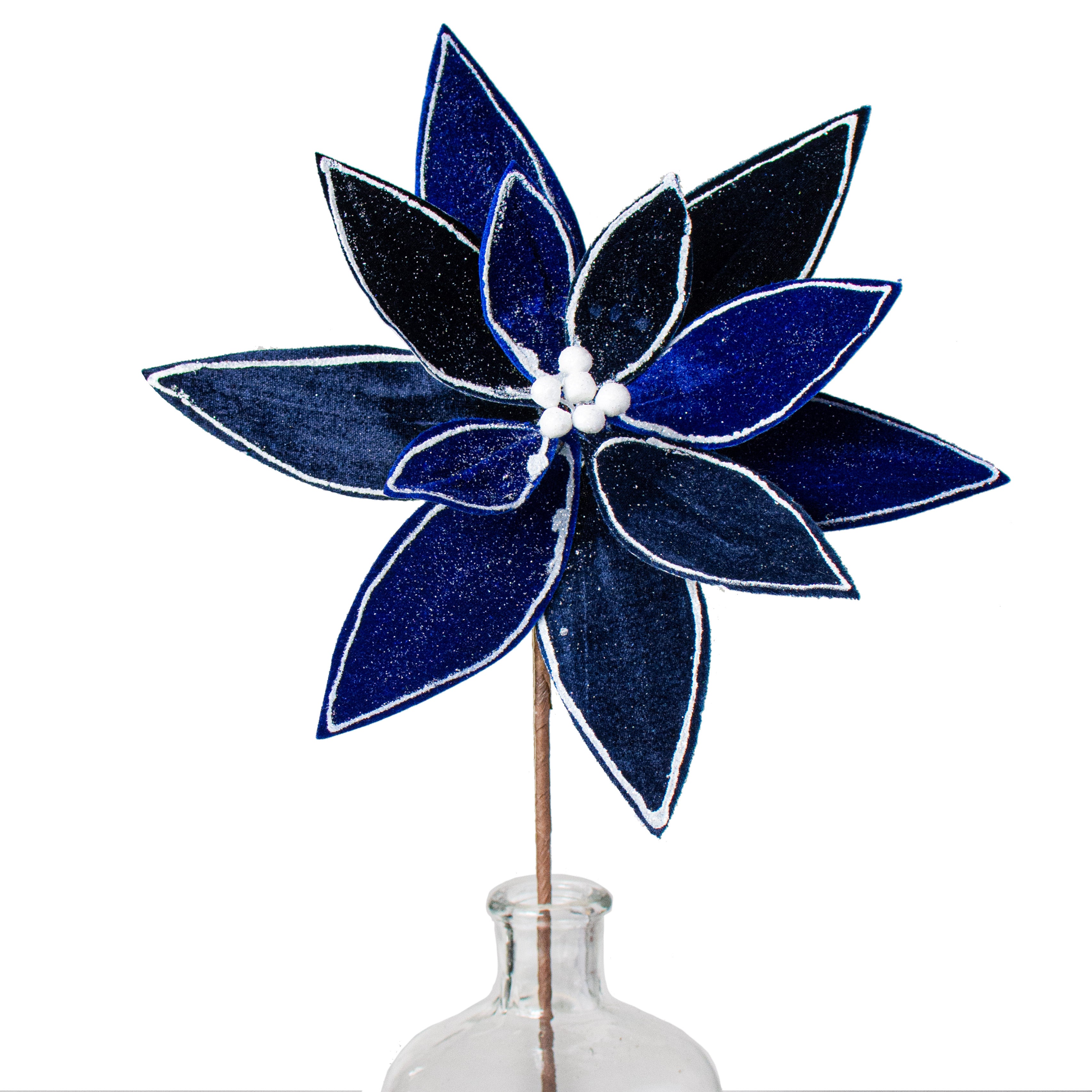 22" Velvet Glitter Poinsettia Stem: Midnight Blue