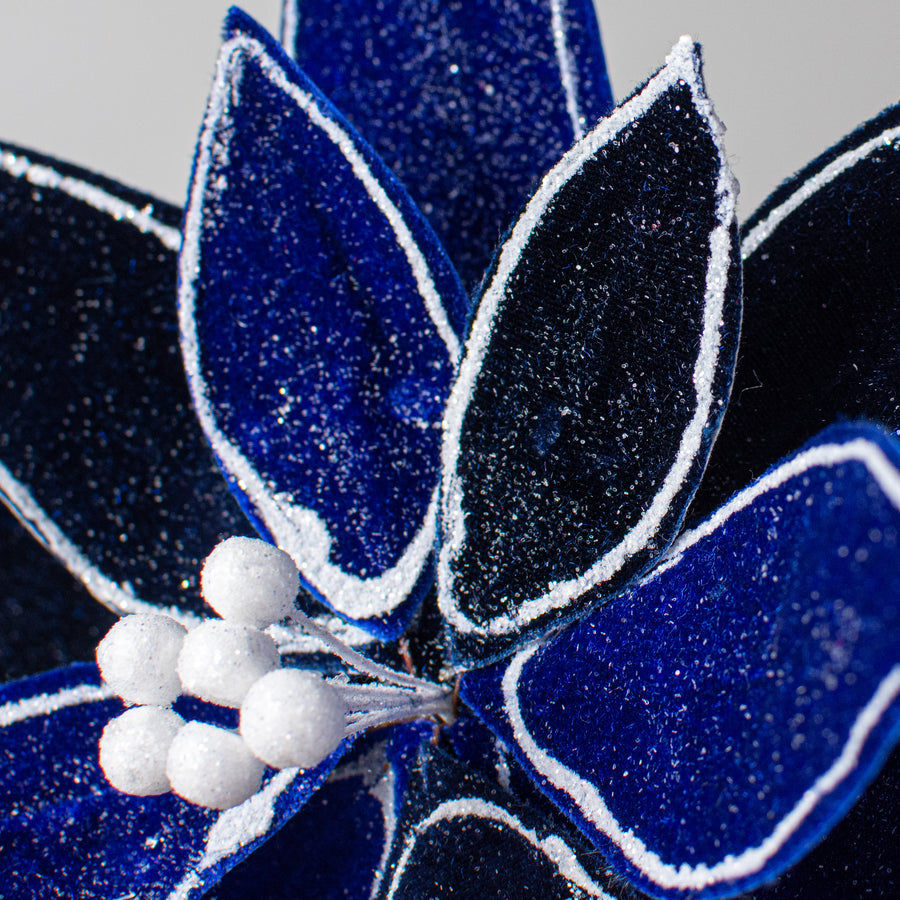 22" Velvet Glitter Poinsettia Stem: Midnight Blue