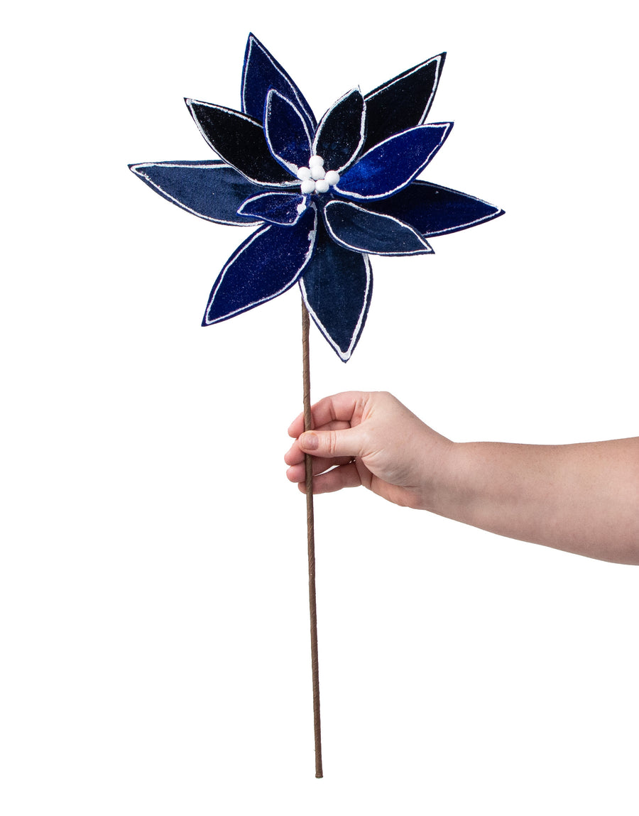22" Velvet Glitter Poinsettia Stem: Midnight Blue