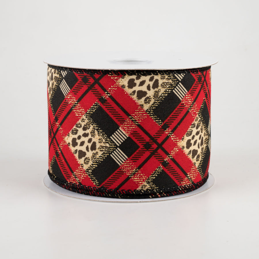2.5" Cheetah Argyle Plaid Satin Ribbon: Red & Black (10 Yards)