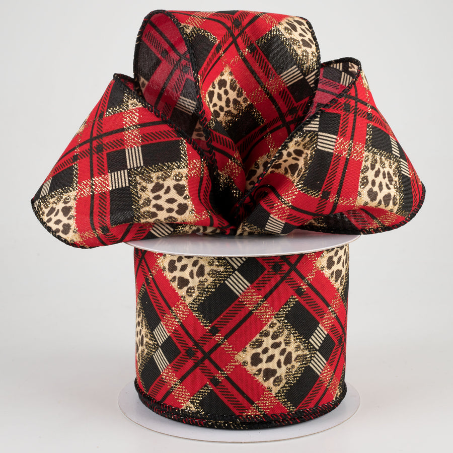 2.5" Cheetah Argyle Plaid Satin Ribbon: Red & Black (10 Yards)