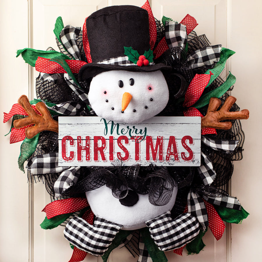 Plush Snowman Wreath Accent: Black & White Check