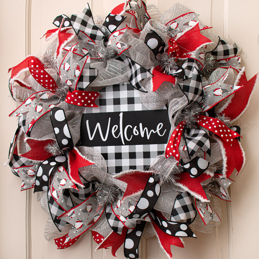 9.4" Round Waterproof Sign: Buffalo Plaid Welcome White & Black