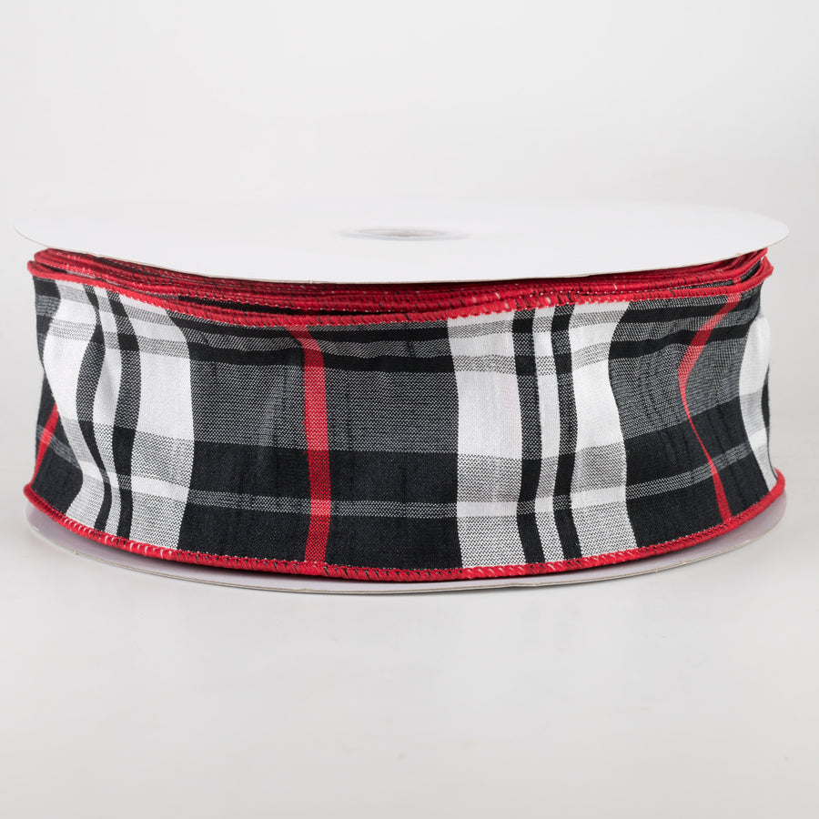 2.5" Plaid Faux Dupioni Ribbon: Black, White, Red (50 Yards)