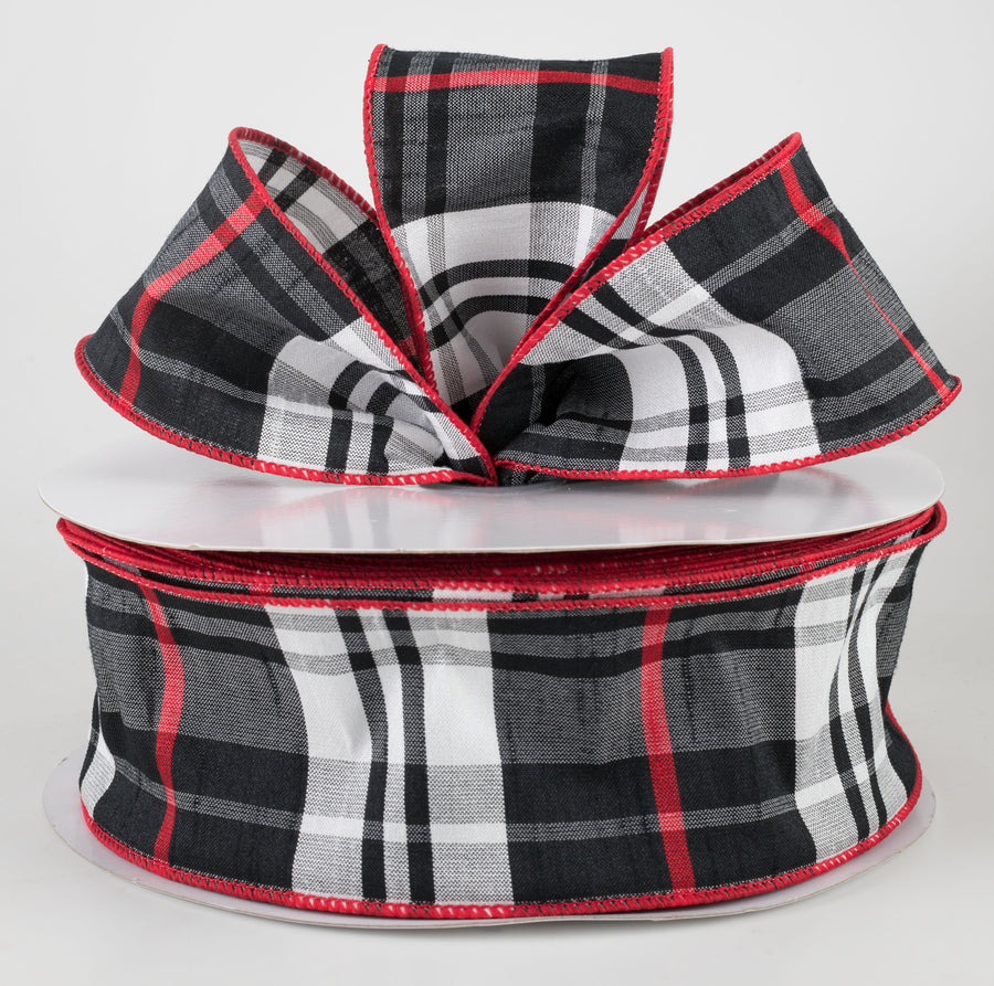 2.5" Plaid Faux Dupioni Ribbon: Black, White, Red (50 Yards)