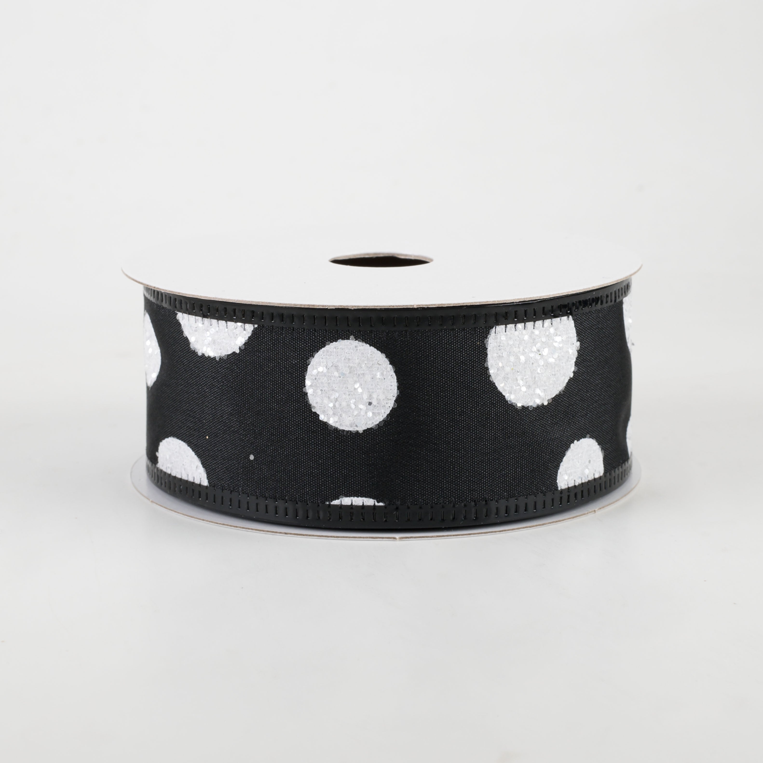 1.5" White Glitter Big Dot Satin Ribbon: Black (10 Yards)