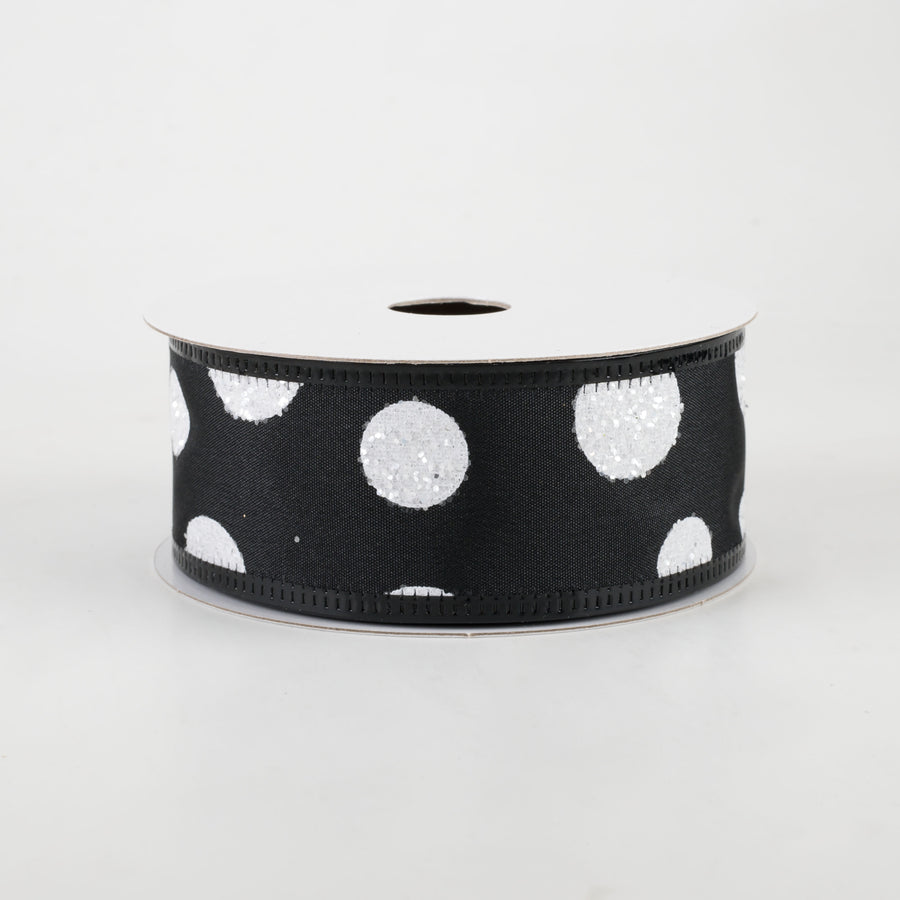 1.5" White Glitter Big Dot Satin Ribbon: Black (10 Yards)