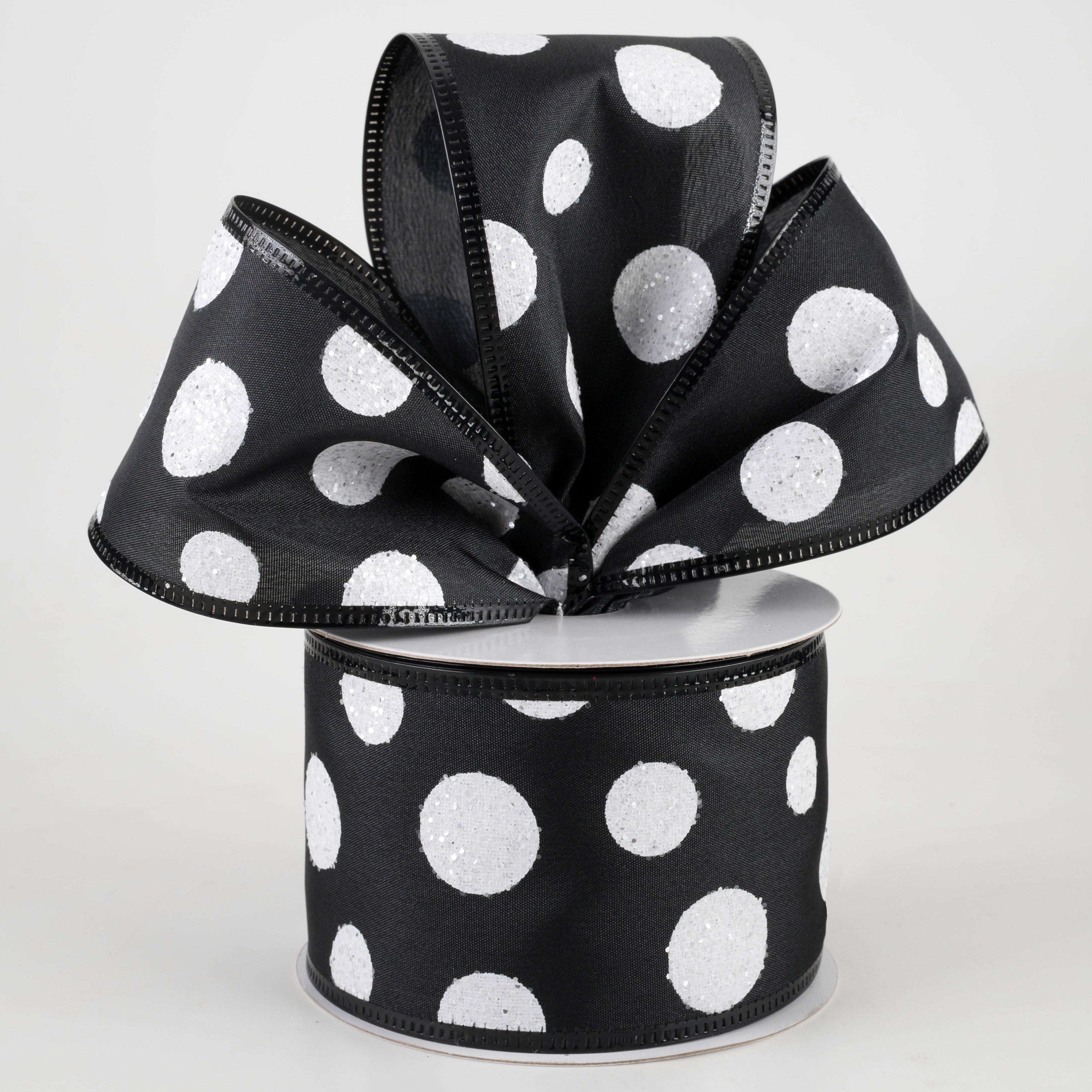 2.5" White Glitter Big Dot Satin Ribbon: Black (10 Yards)