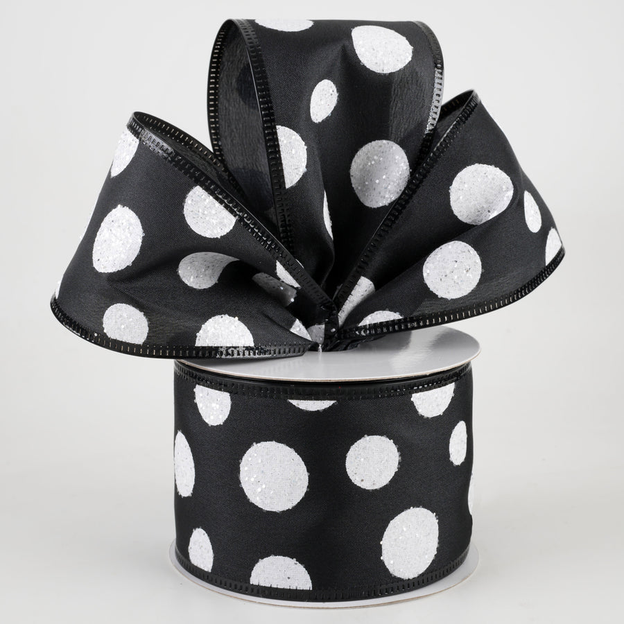 2.5" White Glitter Big Dot Satin Ribbon: Black (10 Yards)