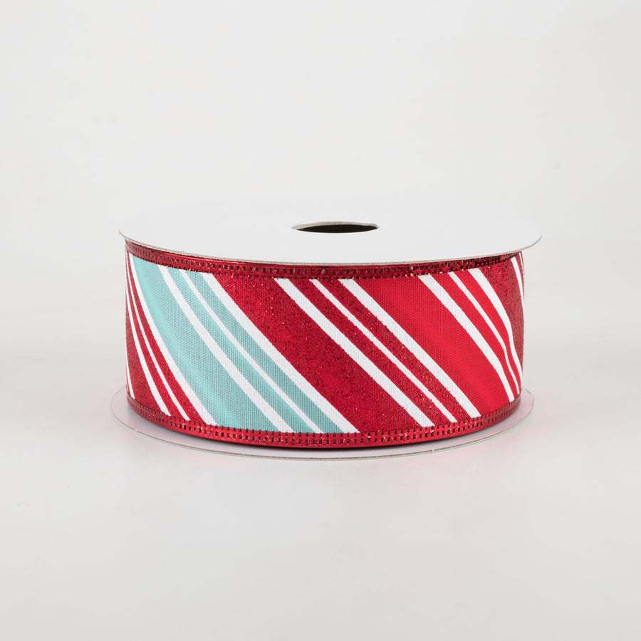 1.5" Glitter Candy Cane Stripe Ribbon: Red, Aqua, White (10 Yards)